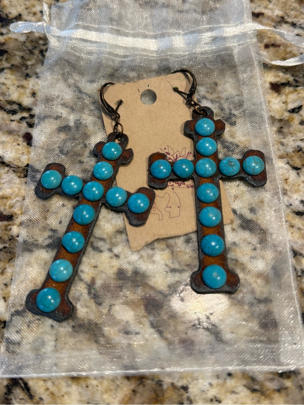 Country western turquoise beaded patina rust color cross dangle earrings